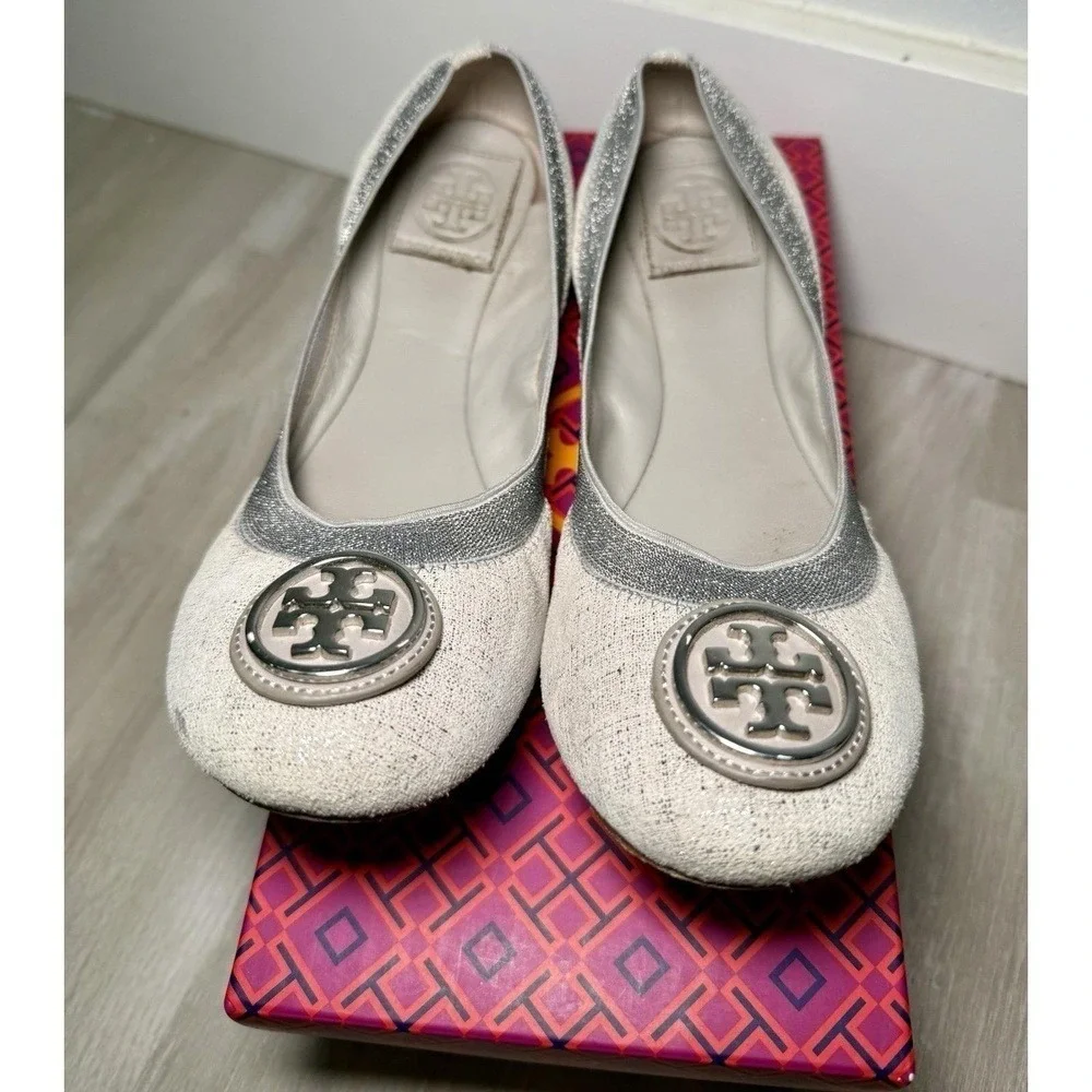 Tory Burch Ballet Flats White Glitter Embellished Logo Women Size 8M